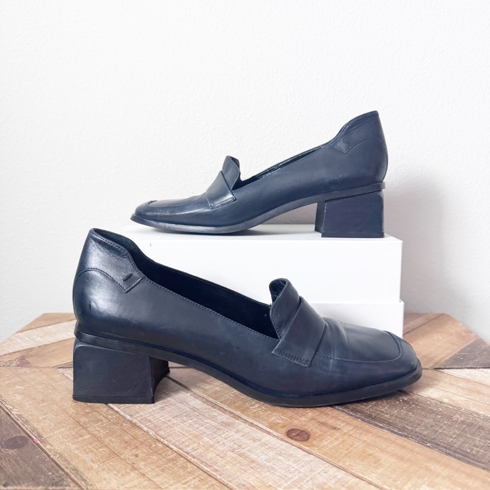 Martinez Valero Dark Navy Leather Block Heel Loafers - Picture 5 of 12